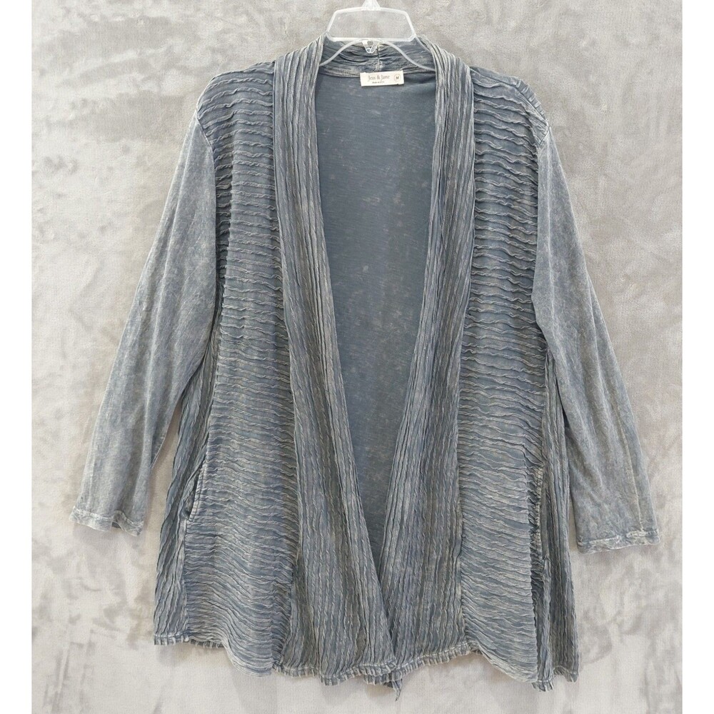 Jess & Jane Mineral Wash Crinkle Open Cardigan Women's Medium Gray Artsy USA